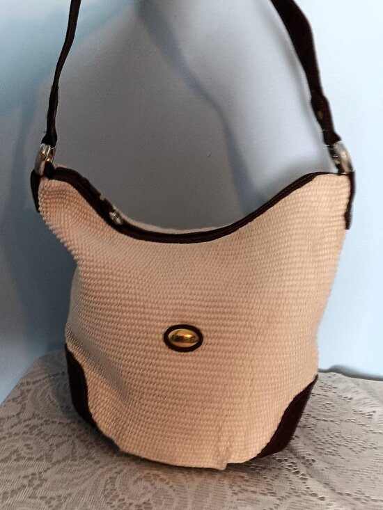 Vintage Handbags - Vintage Cream Woven Hobo Bag Dark Brown Ostrich Leather Accent Shoulder/Hobo Bag